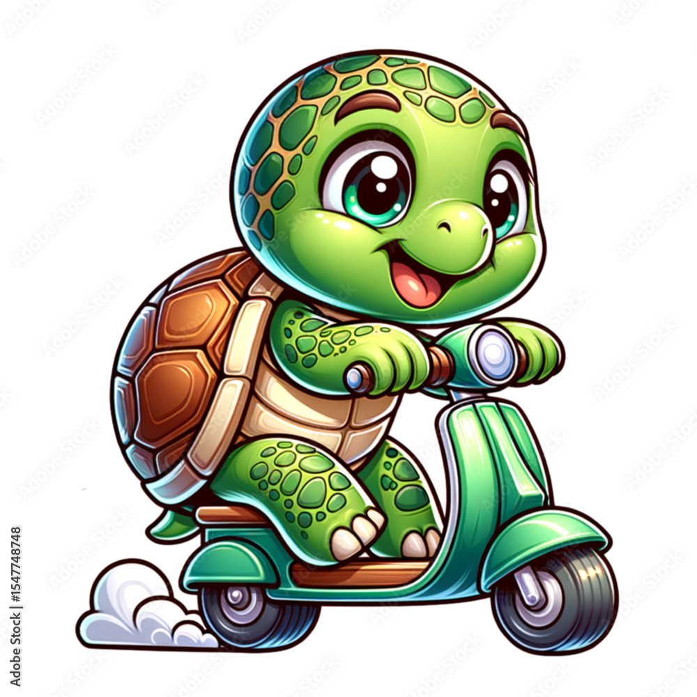 Fototapeta premium Cartoon Turtle on Scooter: An adorable animated turtle zips along on a retro scooter, radiating joy and adventure, perfect for any child-friendly project.