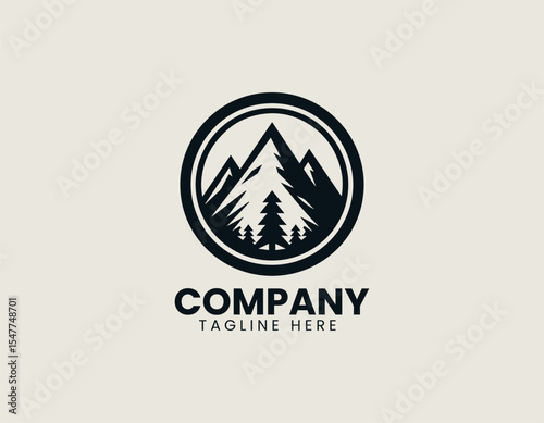 Mountain peak silhouette logo with north direction symbol in clean modern vector design