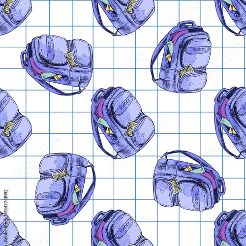 Hand drawn vintage seamless pattern of school backpacks and supplies on grid notebook background, vector illustration