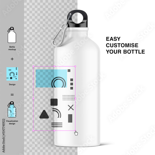 Aluminium bottle water with carabiner mockup with set icons. Vector illustration isolated on white background. Ready for your custom design. EPS10.
