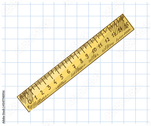 Hand drawn vintage sketch of yellow school ruler in color on grid notebook background, isolated vector illustration