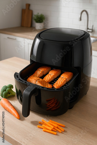 Black air fryer cooking salmon fillets in a modern kitchen. Healthy cooking concept with fresh vegetables like carrots and broccoli on a wooden countertop