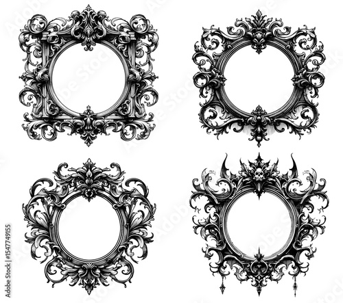 Rococo Reverie Frame acanthus leaf flower floral patterns rococo style vintage linework ink sketch hand drawn pen drawing vector illustration background