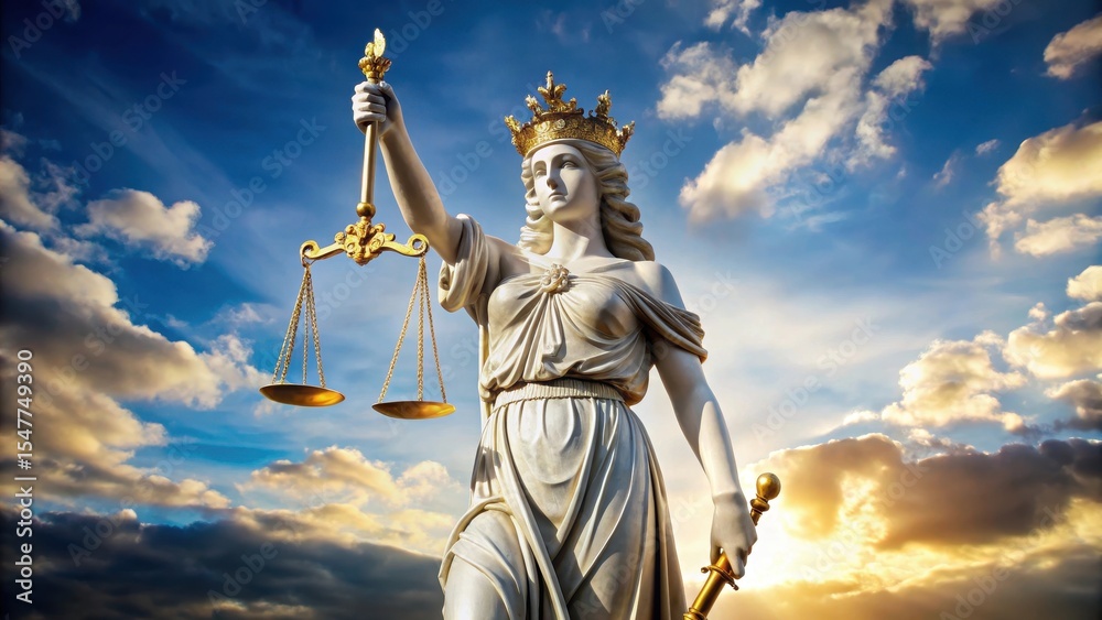 Obraz premium Elegant Turkish Sultanate-era marble statue of Lady Justitia standing proudly with an ornate golden crown and holding a balance scale in her right hand, marble sculpture, istanbul