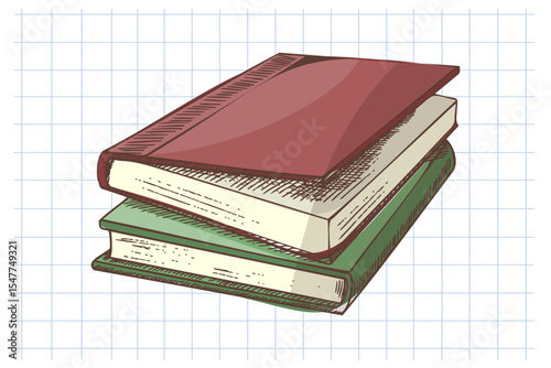Hand drawn vintage sketch of stacked school books in color on grid notebook background, isolated vector illustration