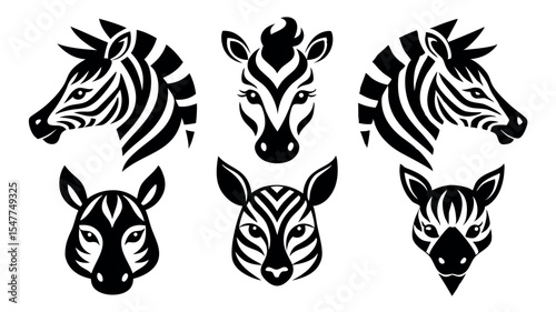 Zebra head in multiple styles  Silhouette on white background
