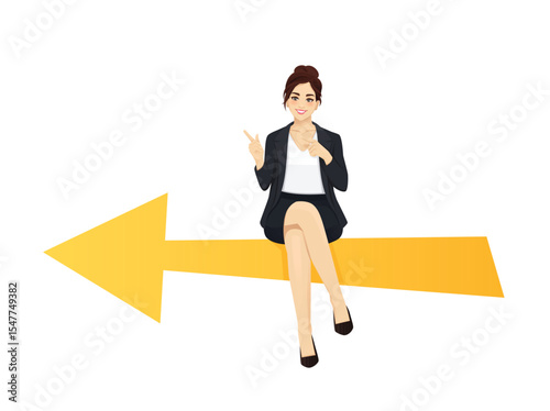 Business woman in black suit pointing to something with fingers sitting on big arrow. Vector illustration isolated