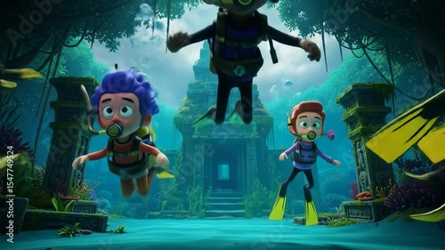 Animated diverse divers exploring vibrant underwater ancient city cartoon characters bright colors childrens media illustration fantasy adventure animation royal editorial copy space