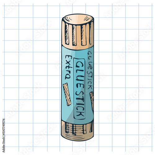 Hand drawn vintage sketch of glue stick in blue color on grid notebook background, isolated school supply illustration