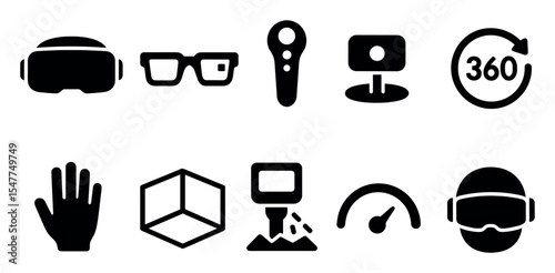 Virtual reality, tech silhouette icon set. vr headsets, gadgets, digital wearables