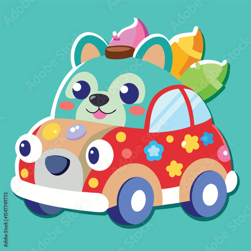 Cute animal driving a decorated car