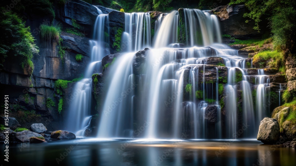 Obraz premium serene waterfall cascading down rocky cliffs isolated on a sleek black background , scenery, wilderness