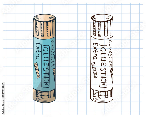 Hand drawn vintage sketch of glue stick in blue and monochrome version on grid notebook background, vector illustration
