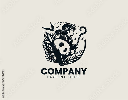 Adventurous girl and her panda companion climbing hills inside round nature logo design for outdoor exploration