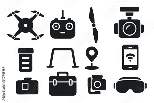 Drone technology silhouette icon set. high-tech devices and gadgets silhouettes