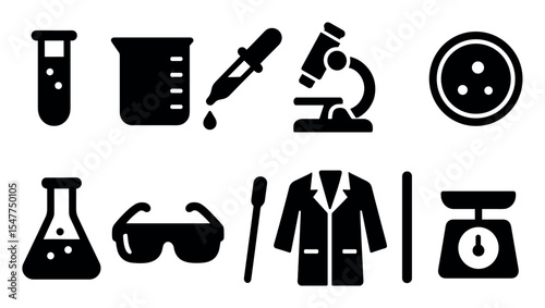 Science, laboratory solid icon set. chemistry, research tools, analysis icons solid collection
