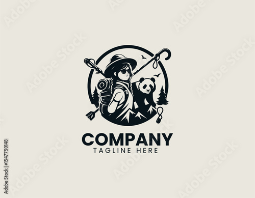 Adventurous girl and her panda companion climbing hills inside round nature logo design for outdoor exploration