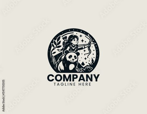 Adventurous girl and her panda companion climbing hills inside round nature logo design for outdoor exploration
