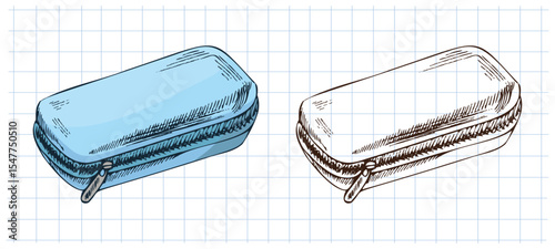 Hand drawn vintage sketch of blue pencil case in color and monochrome version on grid notebook background, vector illustration
