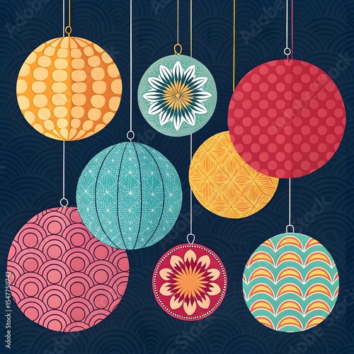 “Colorful traditional hanging paper lanterns with geometric patterns on a dark background.”