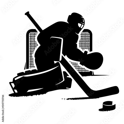Hockey goalie blocking puck with stick in silhouette style  