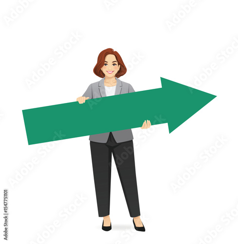 Business woman in suit holding big green arrow showing direction. Achievement and growth concept. Vector illustration isolated
