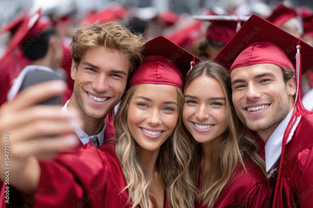 Fototapeta premium Graduation ceremony celebration with friends taking selfies in red caps and gowns