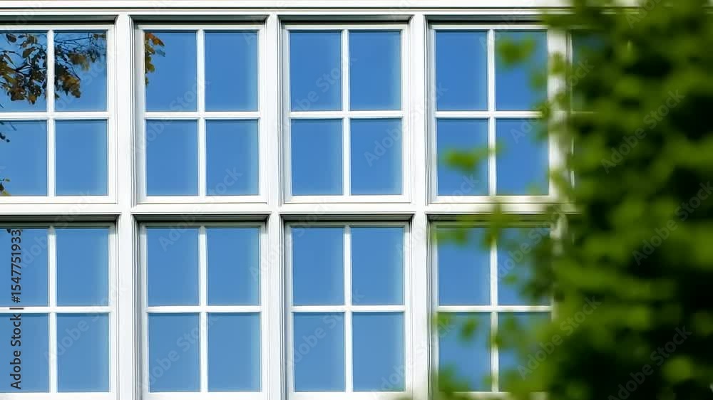 Reflections of Nature on a Grid of Windows, Revealing a Serene Sky and Verdant Foliage Reflections of Nature on a Grid of Windows, Revealing a Serene Sky and Verdant Foliage