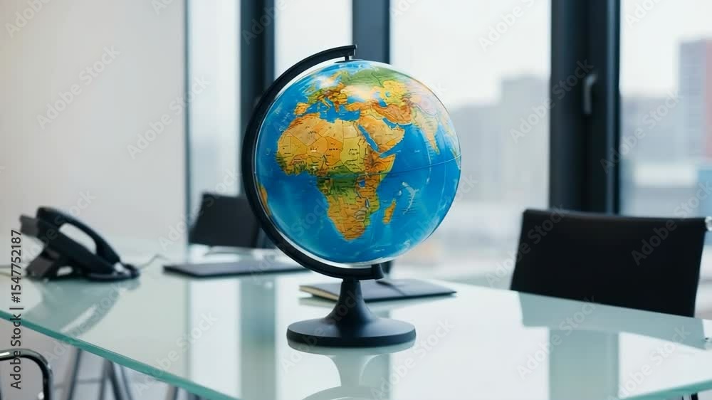 Global business globe on office table near window. World map globe is on modern glass table in bright office space.  Business concept image of global reach for presentations and video production.