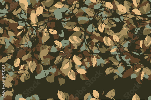 A camouflage pattern with tree branches and leaves, designed for military or outdoor activities. Real tree forest camouflage seamless pattern design pattern for hunting and military uniform. 