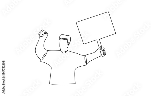 Man holding and lifting empty boards in continuous one line drawing. protesters lifting empty boards, single line art illustration. Editable vector.