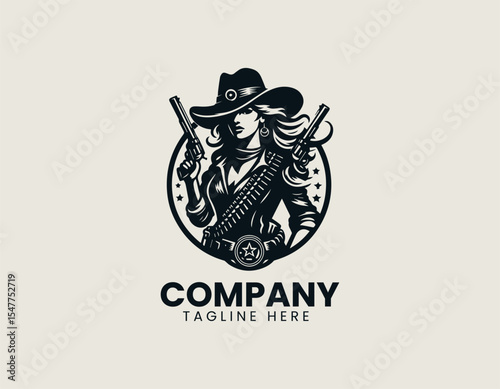 Wild West girl silhouette wearing cowboy hat and bandana depicted inside bold circular badge logo showing adventurous spirit