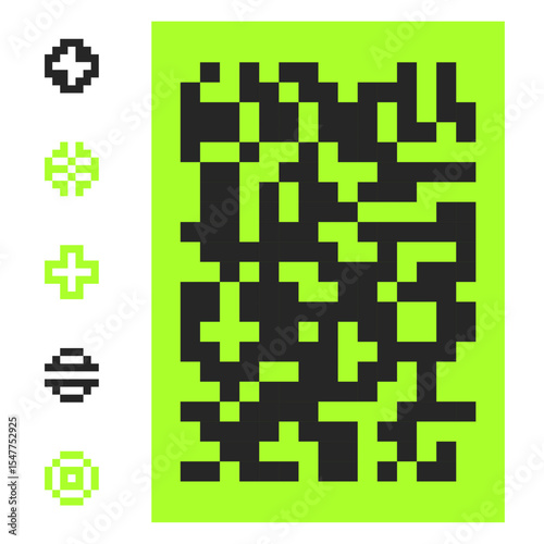 Mosaic pixel backdrop and 8 bit circular signs. Pixel background in y2k aesthetics. Random square spots decor. Vector illustration
