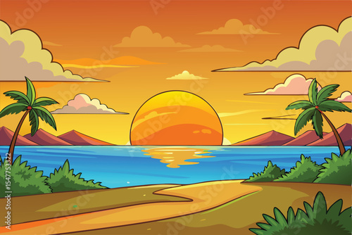 Serene Sunset Tropical Beach Paradise Illustration