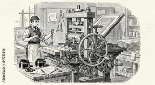 Vintage Engraving: Printing Press in Action - Historical Media Production
