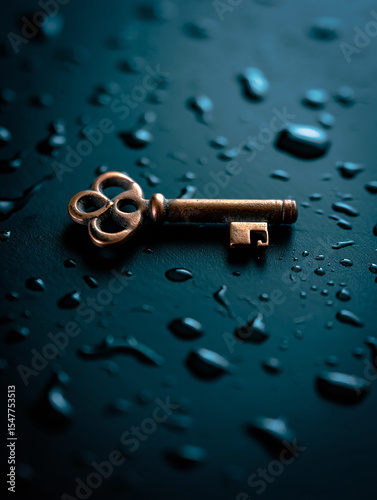 Antique key on a dark wet surface