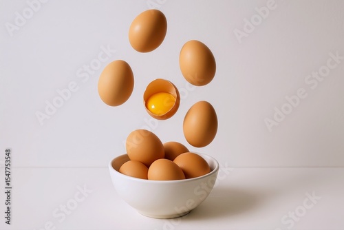 Levitation Photography of Brown Eggs Falling into Bowl, Minimalist Food Concept