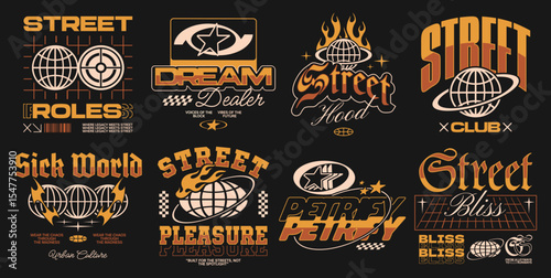 Streetwear logo set. Urban typography t-shirt design bundle, Minimalist typography graphic collection. Streetwear vector set, vector urban graphic