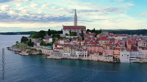 Summer day aerial drone panorama of old town Rovinj, famous ancient Croatian city at the sea. Istria, Croatia.