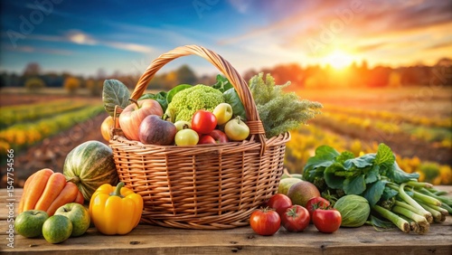 Winter harvest basket filled with seasonal fruits and vegetables such as apples, carrots, and Brussels sprouts, farm