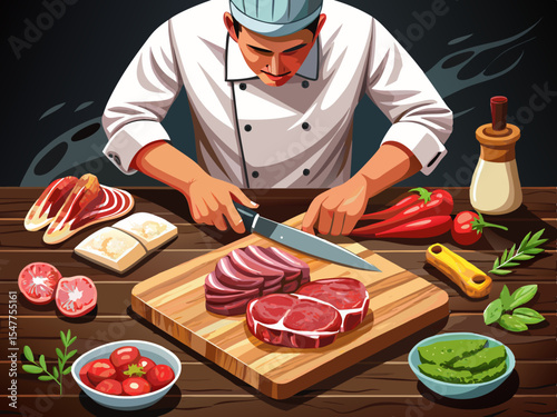vector of Hands of chef butcher preparing beef steak on wooden table, black background.