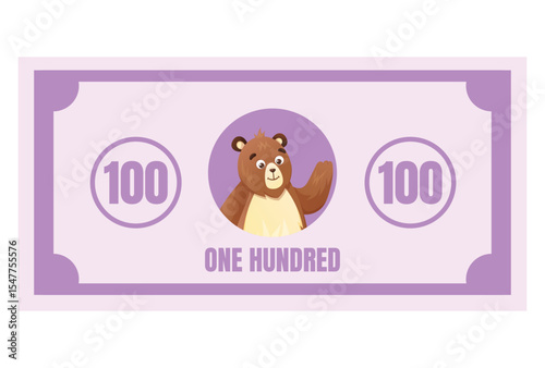 Cute vector purple banknote with number 100 and smiling bear face. Cartoon money for kids pretend play, math activities, shopping games, and fun financial education materials.