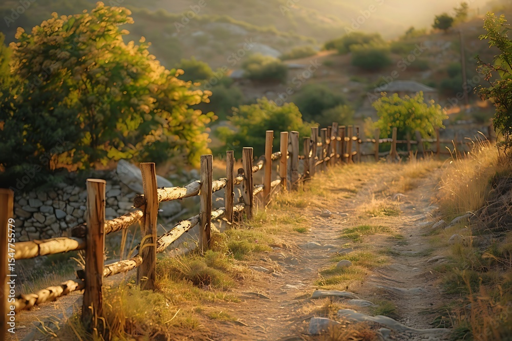 Obraz premium Narrow country lane beside rustic fence high resolution picture