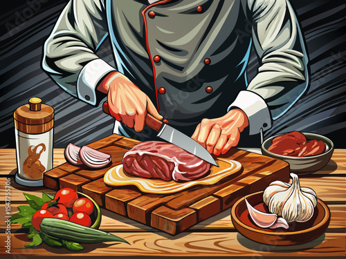 vector of Hands of chef butcher preparing beef steak on wooden table, black background.