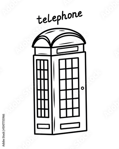 An illustration of a telephone booth in London. Black and white. A picture from a coloring book. Great Britain. Vector illustration. Lettering, learning words.