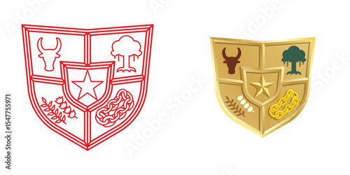 Vector illustration of Indonesia's five principle or called Pancasila. With bull head, bayan tree, star, gold chain, rice, and cotton icon symbol inside an golden shield armor