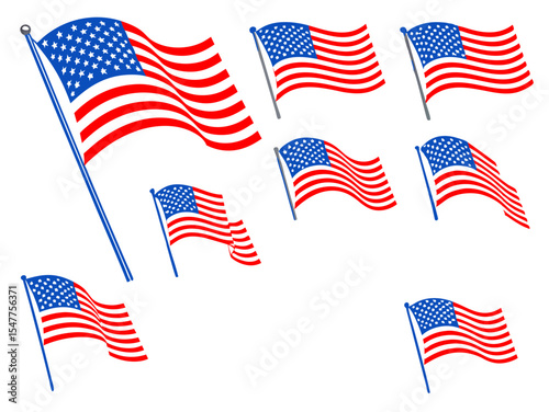 American flag waving vector illustration set for independence day celebration, in png