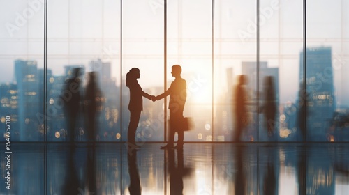 Professional corporate handshake between diverse executives in bright office, city skyline visible through large windows, optimistic atmosphere