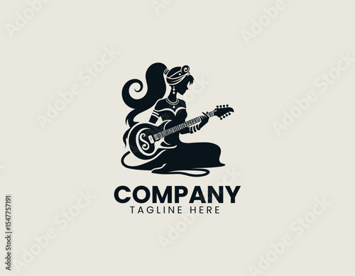 Mystical genie guitarist avatar fuelled by magic performing on guitar within stylized circular vector logo design