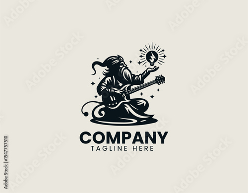 Mystical genie guitarist avatar fuelled by magic performing on guitar within stylized circular vector logo design